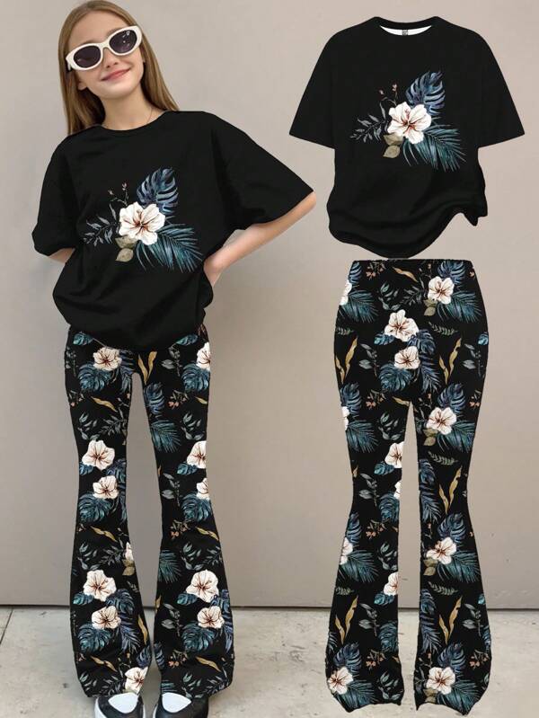 SHEIN Leap Crew 青少年女孩休闲简约短袖上衣和裤子两件套，适合夏季