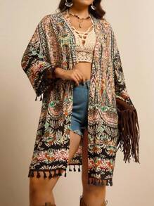 Freevana Plus Size Printed Beach Fringed Hem Kimono,Travel Airport,Going Out,Country,Back To School, Holiday Elegant, Vacation Style, Holiday,Boho/Bohemian Kimono,Print Kimono Summer Plus Size Kimono Plus Size Hippie Boho Kimono - Multicolor - View 6