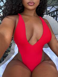 Alexandranx Conjunto de ropa para la playa en primavera para mujer, traje de baño de una pieza sexy con escote profundo en V, corte alto y espalda abierta - Rojo - Ver 3