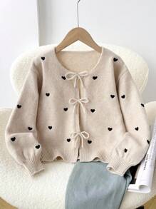 SHEIN Tween Girl Loose Casual Minimalist Comfortable Round Neck Long Sleeve Bowknot Polka Dot Cardigan, Back To School Season,In Fall/Winter