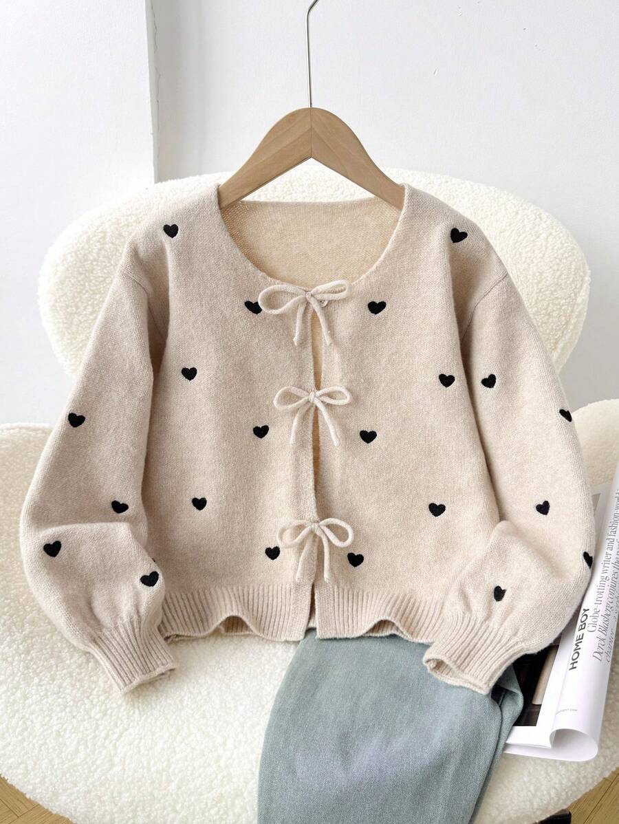 SHEIN Tween Girl Loose Casual Minimalist Comfortable Round Neck Long Sleeve Bowknot Polka Dot Cardigan, Back To School Season,In Fall/Winter