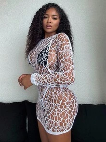 Alexandranx Hollow Out Fishnet Cover Up Dress Without Bikini Set,Summer Beach - White - View 5