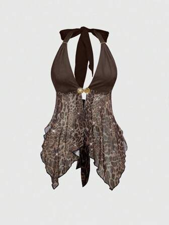 Grunge Punk Collana con catena in metallo e strass con stampa leopardata vintage esotica, top asimmetrico aderente da donna per festival musicali estivi