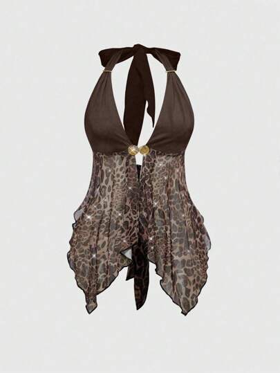 Grunge Punk مهرجان الموسيقى الصيفي، قلادة معدنية سلسلة مرصعة بالراين ذات طباعة نمر عتيقة وأنيقة، ملابس علوية نسائية بقصة غير متماثلة