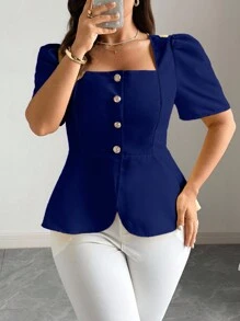 Elenzga Blus Elegan Lengan Pendek Kerah Persegi Warna Polos Kasual untuk Wanita Ukuran Besar - Royal Blue - View 6