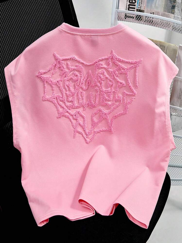 PAVTROS Manfinity Streetrush Men's Street Style, INS Matched With High Street Pink Spider Web Creative Heart 3D Embroidery Technique Pink Sleeveless Top. Featuring Oversized Graphic Embroidery Design, This Top Is Loose And Comfortable, Embodying Street Rock Aesthetics. It's Suitable For Music Festivals And Couple's Everyday, Making It An Ideal Gift For Boyfriends Or Husbands - Pink - View 8