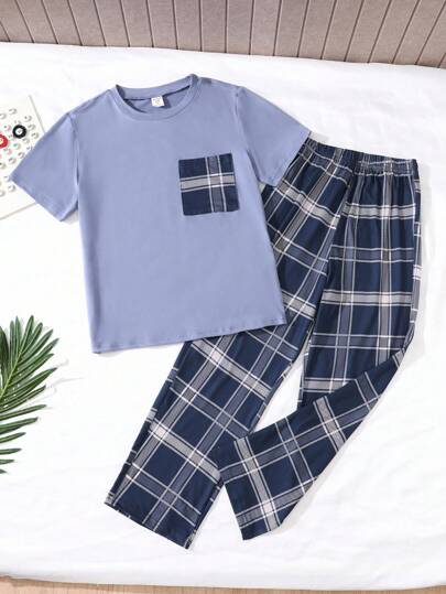 2 件套，男孩休闲装：灰色 T 恤搭配撞色口袋和格子宽松牛奶丝混纺裤，舒适家居服/睡衣
