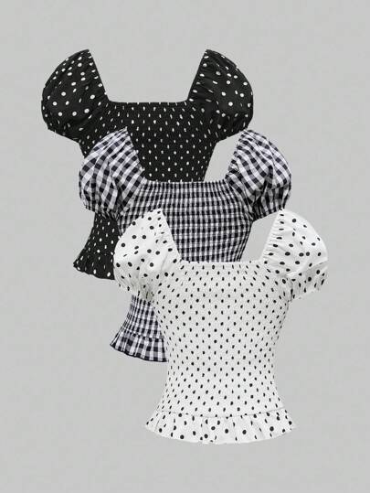 ROMWE Avant Women's Romantic Vacation Polka Dot & Plaid Backless Halter Multi-Piece Blouse