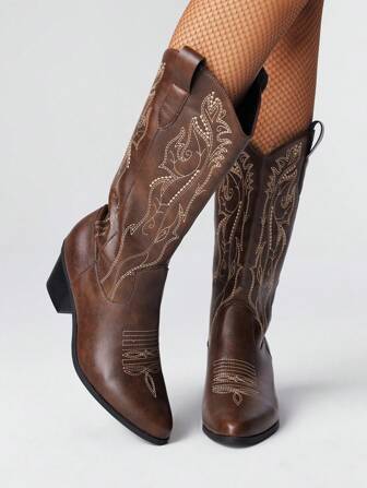 Fairycore Women's Cowboy Boots, New Spring/Autumn Mori Style Brown Pointed Toe Embroidered Western Boots
