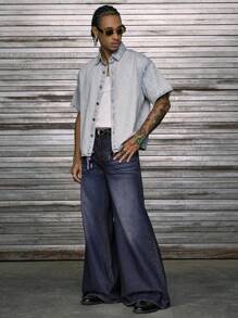 AXEPEAK 男士夏季休闲水洗前扣宽松牛仔衬衫 - 藍色 - 查看 3