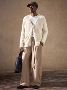 Business Casual AKNOTIC Men's Cream White V-Neck Button Cardigan,Chest Embroidered Pocket Knit Sweater,90s Style,Autumn,Graduation,Back-To-School,Fall Winter Outgoing - Apricot - View 2