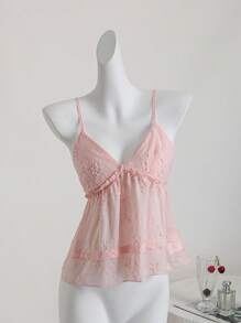 Flirla 1pc Women's Casual Solid Color Jacquard Ruffle Strap Top, Light Pink, Summer - Baby Pink - View 1