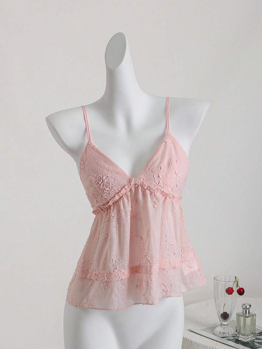 Flirla 1pc Women's Casual Solid Color Jacquard Ruffle Strap Top, Light Pink, Summer - Baby Pink - View 1
