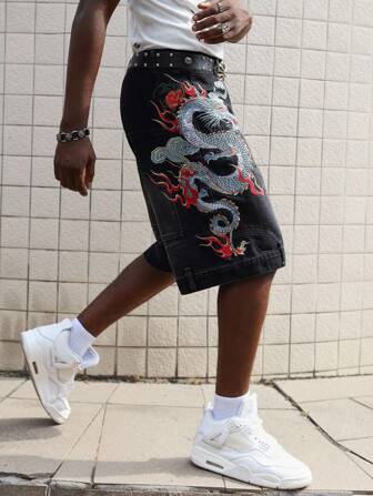 Street Life Pantalones cortos de mezclilla de verano casuales con estampado de dragón para hombres