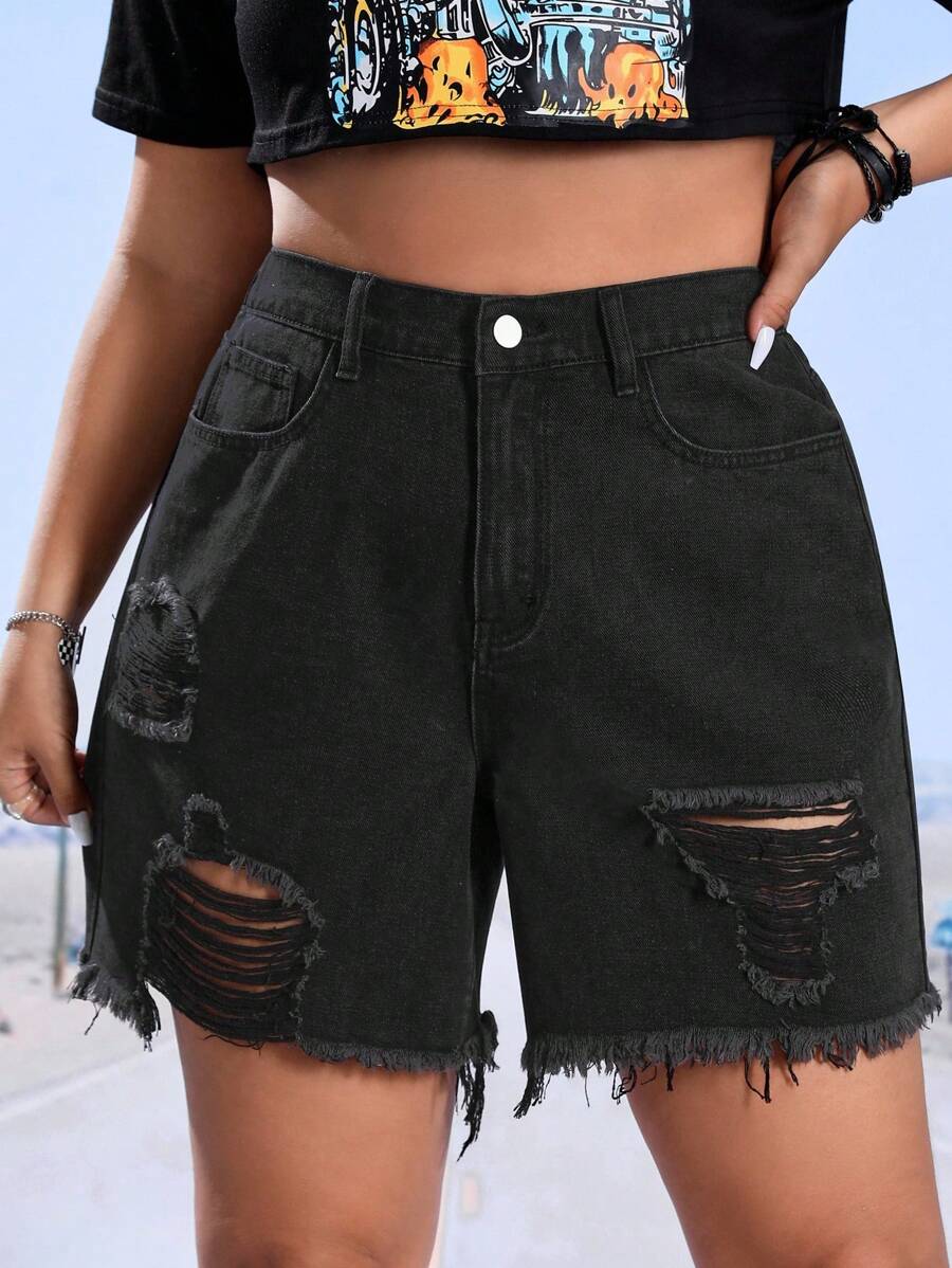 SHEIN PETITE CURVE Plus Size Women's Casual Summer Street Style Solid Color Raw Edge Ripped Wide-Leg Denim Shorts - Black - View 1