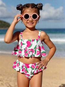 SHEIN 小女孩三件套泳衣套装，荷叶边三角形泳裤，甜美草莓水果印花，可调节肩带，弹性面料，夏季 - 彩色 - 查看 8