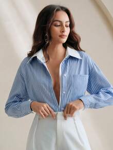 Anewsta Blusa de manga larga a rayas con parches de encaje 2 en 1 para mujer - Azul - Ver 5