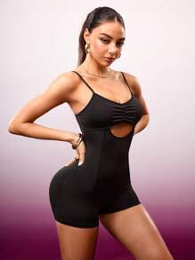 Slayform Mono deportivo de mujer de unicolor con pliegues y tirantes calados - Negro - Ver 6