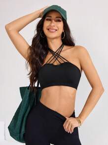 Easithlete 1pc Moisture-Wicking Fabric Sports Bra With Criss-Cross Straps, Black Base Bra For Yoga/Workout