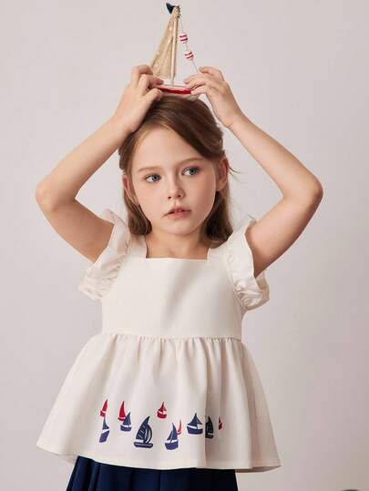  PrepCrw Young Girl Preppy Style Mini Sailboat Graphic Ruffle Sleeve Woven Blouse School Uniform Tops For School Uniform, Back To School, First Day Of School