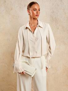 COSMINA Blusa elegante con puños plisados y abotonadura para mujer, top para salir