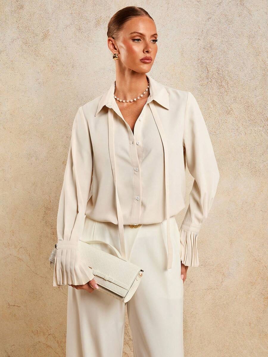 COSMINA Blusa elegante con puños plisados y abotonadura para mujer, top para salir