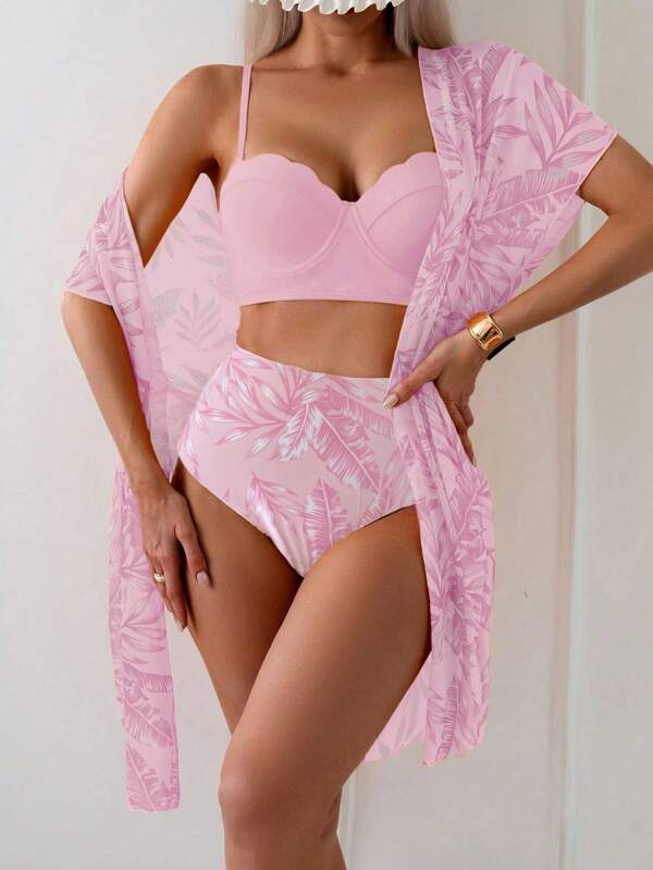 SHEIN Swim Set bikini de vară pentru femei cu imprimeu de frunze și copertă