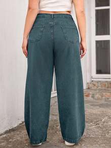 EURMUSE 100%Cotton Plus Solid Wide Leg Jeans - Teal Blue - View 2