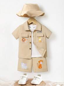 Baby Boy Cute Animal Print Outfit With Cap, Casual Cargo Style Short Sleeve Shirt And Shorts Set, Suitable For Everyday Wear, Outdoor Play, Party, Vacation, Spring/Summer