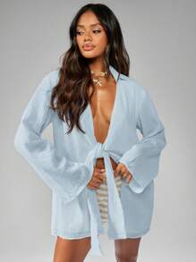 MISSGUIDED 长袖粗棉布海滩和服罩衫度假装夏季沙滩装系带前轻便休闲假日池畔开衫 - 藍色 - 查看 3