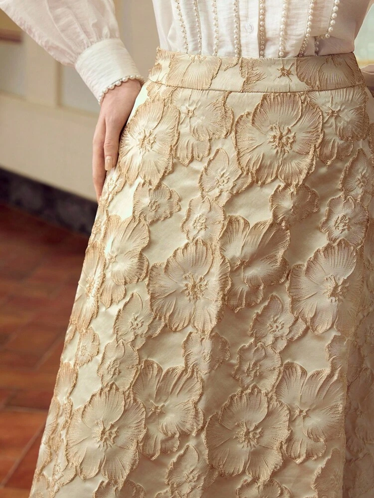ZEYLAH Falda de línea A elegante con textura bordada floral de jacquard