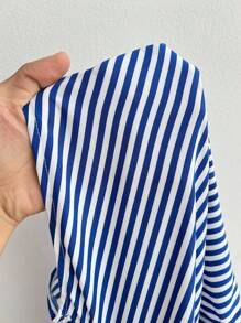 Elenzga 加大码蓝色条纹无袖衬衫裙，收腰设计，百搭优雅 - 藍色 - 查看 7