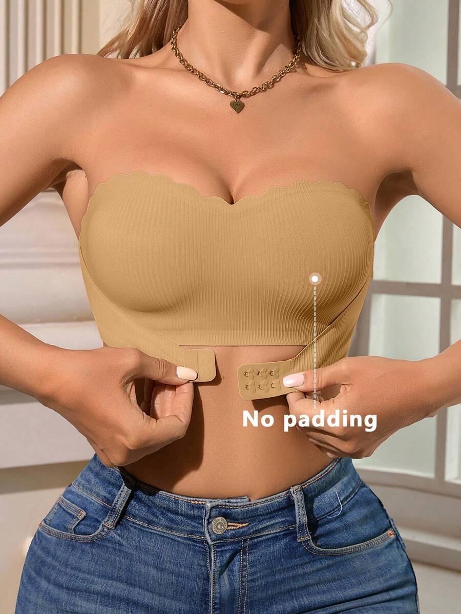 1pc Women Casual Comfy Front Closure Ribbed Seamless Wireless Bra - Apricot - View 1