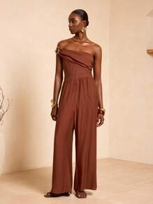 Zivah 20  Summer New Style Birthday Party Daily Outing Basic And Versatile Leisure Vacation Internet Celebrity Hot Style Street Style Elegant Commuter Business Casual One Shoulder Off Shoulder Gathered Waist Wide Leg Trousers Brown Bamboo Texture Fabric Summer Jumpsuit Women's Jumpsuit One Shoulder Jumpsuit Elegant Jumpsuit Brown Jumpsuit - Brown - View 4