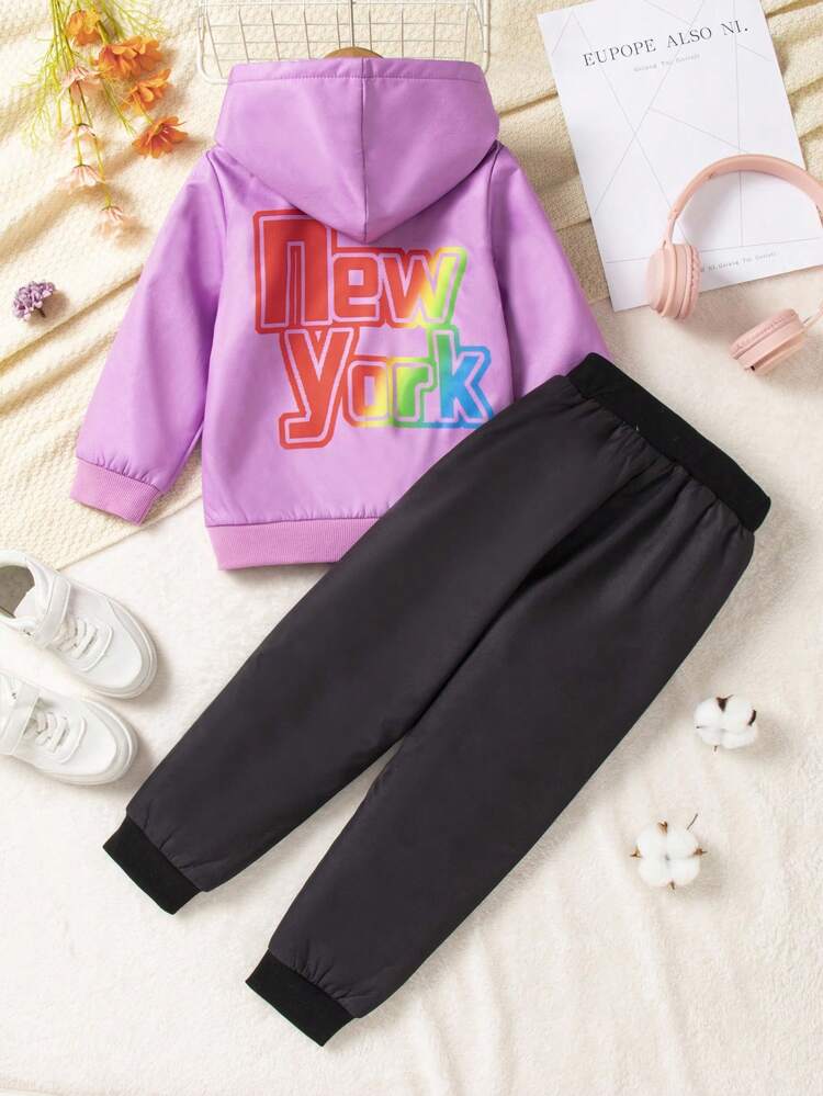 Little Girls' Sweet And Cool Rainbow-colored Letter Printed Fleece Hoodie Set