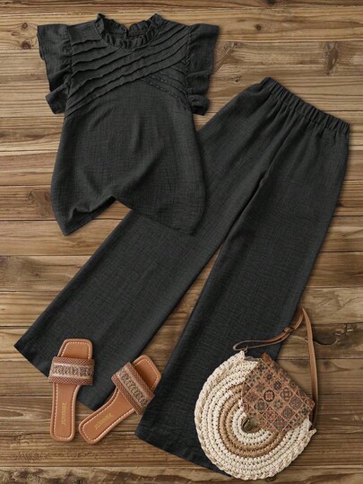 GlowEve Women Spring & Summer Casual Blue Asymmetrical Ruched Cap Sleeve Ruffle Collar Blouse + Women Spring & Summer Casual Blue Elastic Waist Side Pockets Straight Leg Ankle Pants Set