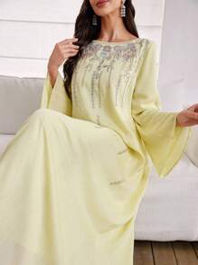 Al Najma Women's Elegant Glitter Embroidered Long Robe Kaftan Jalabiya Dress - Yellow - View 7