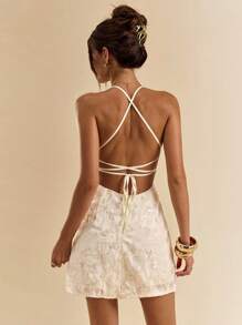 SHEIN BAE Summer Women's Backless Sequin Jacquard Green Resort Mini Dress - Apricot - View 2