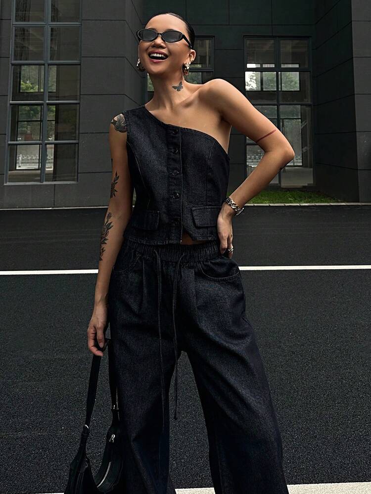 Dark Blue Washed Asymmetrical Neck Sleeveless Denim Top And Wide Leg Denim Pants Set