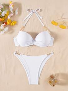 Swim SXY 女士夏季沙滩纯色露背性感比基尼泳装套装（带钢圈） - 白色 - 查看 4