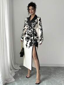 Selianne Robe mi-longue élégante pour femmes avec imprimé floral, col châle, manches longues et fente latérale - Multicolore - Voir 7