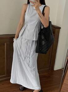 DAZY 2 pièces/Set Femmes Ensemble Jupe Taille Haute Sans Manches Col Rond Ensembles de Détente pour Femmes Ensembles Courts pour Femmes - Gris - Voir 1