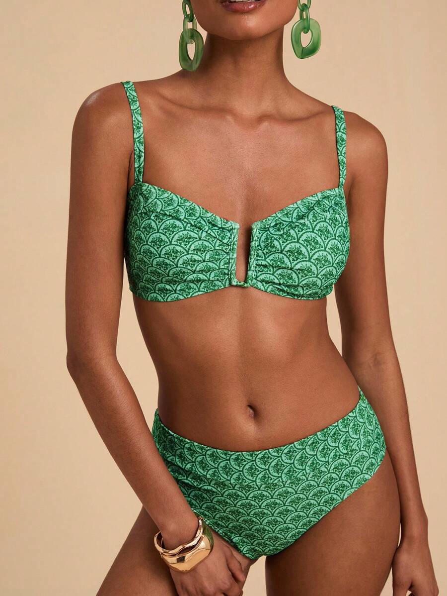 Travachic Conjunto de traje de baño con estampado total para vacaciones en la playa para mujer