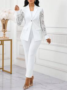 SHEIN Lady Four Seasons White Suit Suit Set Lace Splicing Suit Set Women's Suit Set