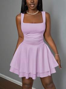 Slaydiva Women's Summer Casual Basic Sporty Sweet Square Neck Ruched Double Layer A-Line Short Dress Lavender Dress Lavender Outfit Lilac Dress - Purple - View 5