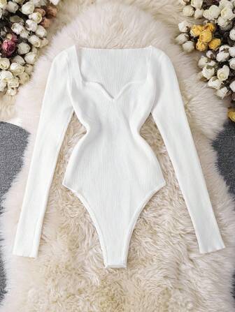 Dames effen V-hals lange mouwen gebreide jumpsuit