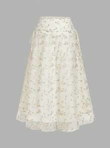 SHEIN MOD 大码女式薄纱刺绣高腰浪漫长裙 - 杏色 - 查看 7