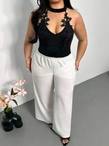 Firerie New Plus Size Women Black Lace Embroidery Splice V-Neck Backless Bodysuit, Sexy Elegant Versatile For Daily Wear, Holiday, Date, Autumn/Winter - Black - View 5