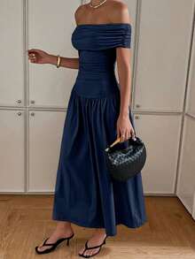 Siren Gaze Women's Elegant Solid Off Shoulder Long Dress Navy Blue Dress Off Shoulder Dress Ankle Length Dress Long Summer Dress,Wedding Guest Dress,Prom Dress,Fall Wedding Guest Dress Party Chic Evening Dress - Navy Blue - View 2