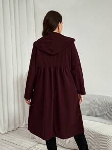 SHEIN LUNE 加大码时尚纯色连帽口袋设计中长款夹克秋季带口袋女式风衣外套冬装 - 酒紅色 - 查看 2